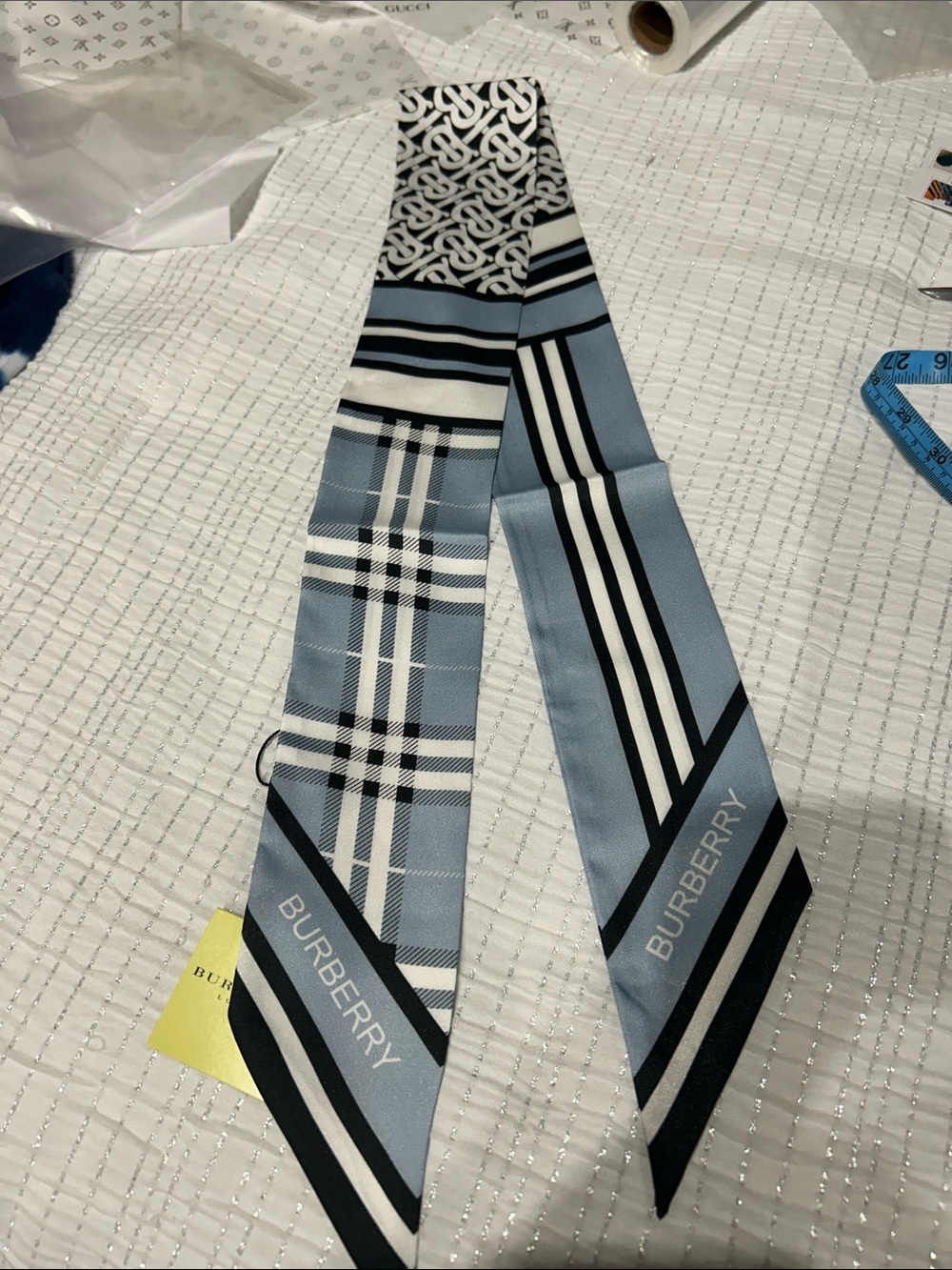 Burberry Light Blue, Black & White Patterned Silk Skinny Scarf